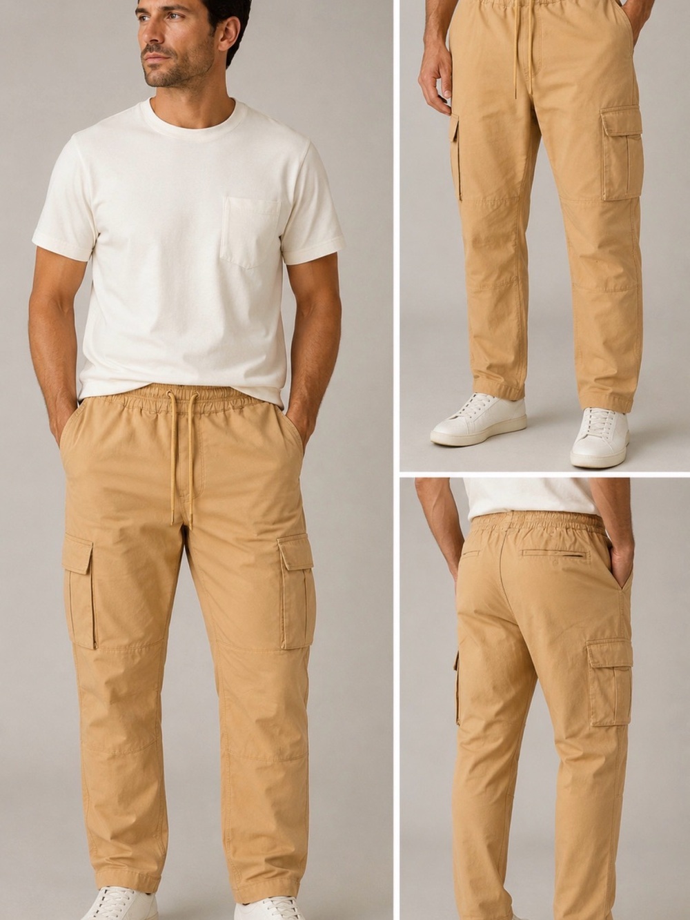 Men's Tan Cargo Pants - Elastic Waist Casual Trousers